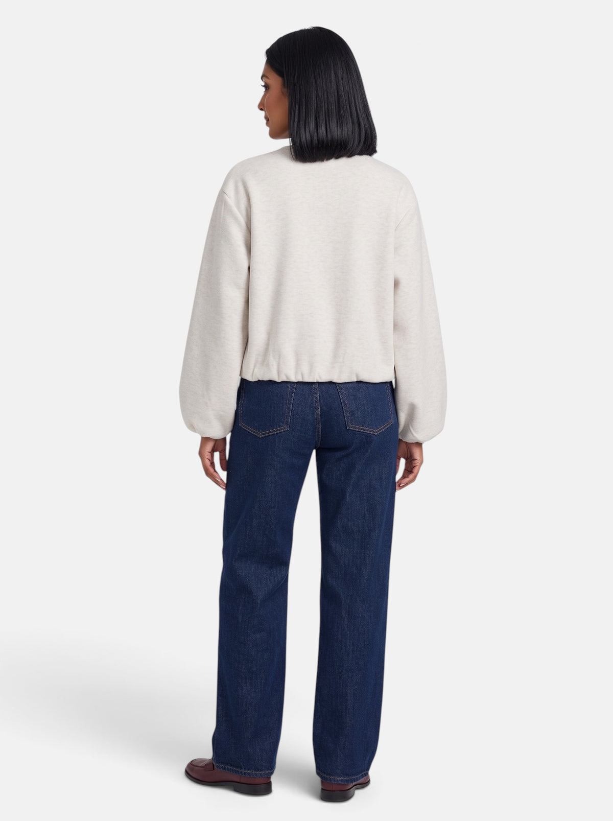 Women's Beige Soft Cropped Round Neck Bomber Jacket - Back