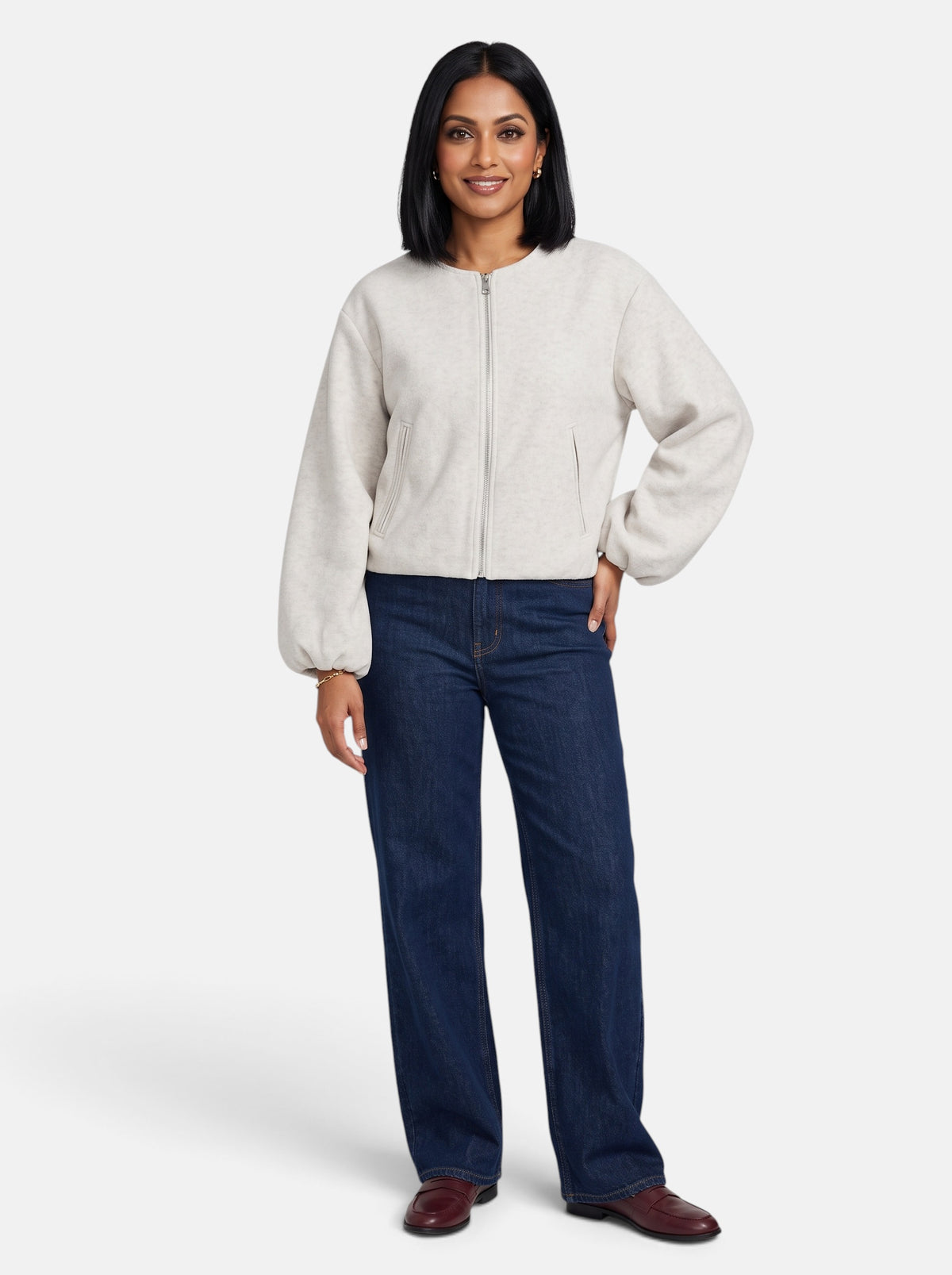 Women's Beige Soft Cropped Round Neck Bomber Jacket - Full Body