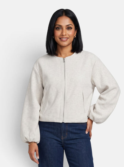 Women's Beige Soft Cropped Round Neck Bomber Jacket - Front