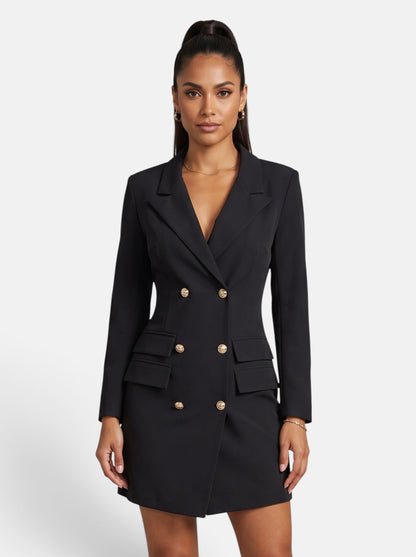 Women's Tailored Double-Breasted Blazer Mini Dress in Black - Hero