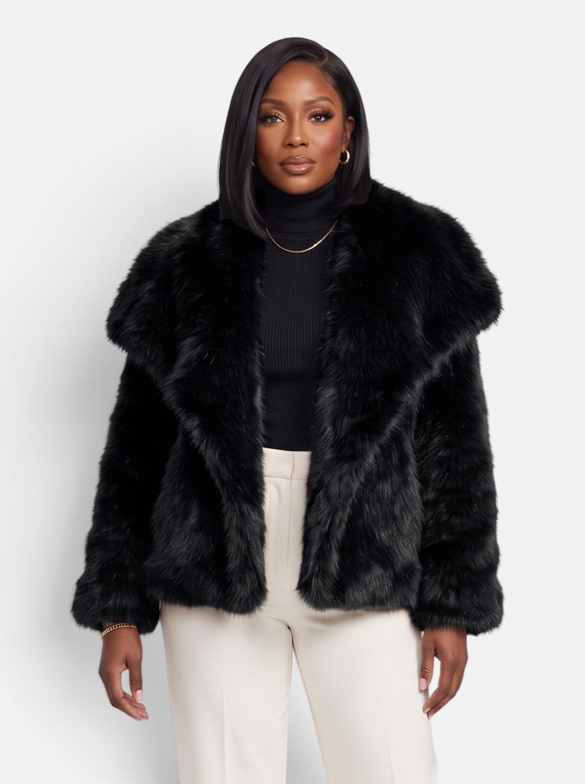 Women's Plush Cropped Faux Fur Party Coat in Black - Front