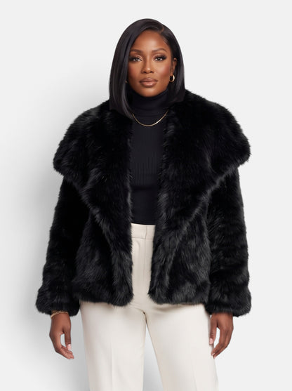 Women's Plush Cropped Faux Fur Party Coat in Black - Front