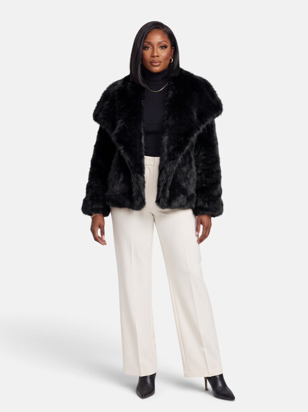 Women's Plush Cropped Faux Fur Party Coat in Black - Full