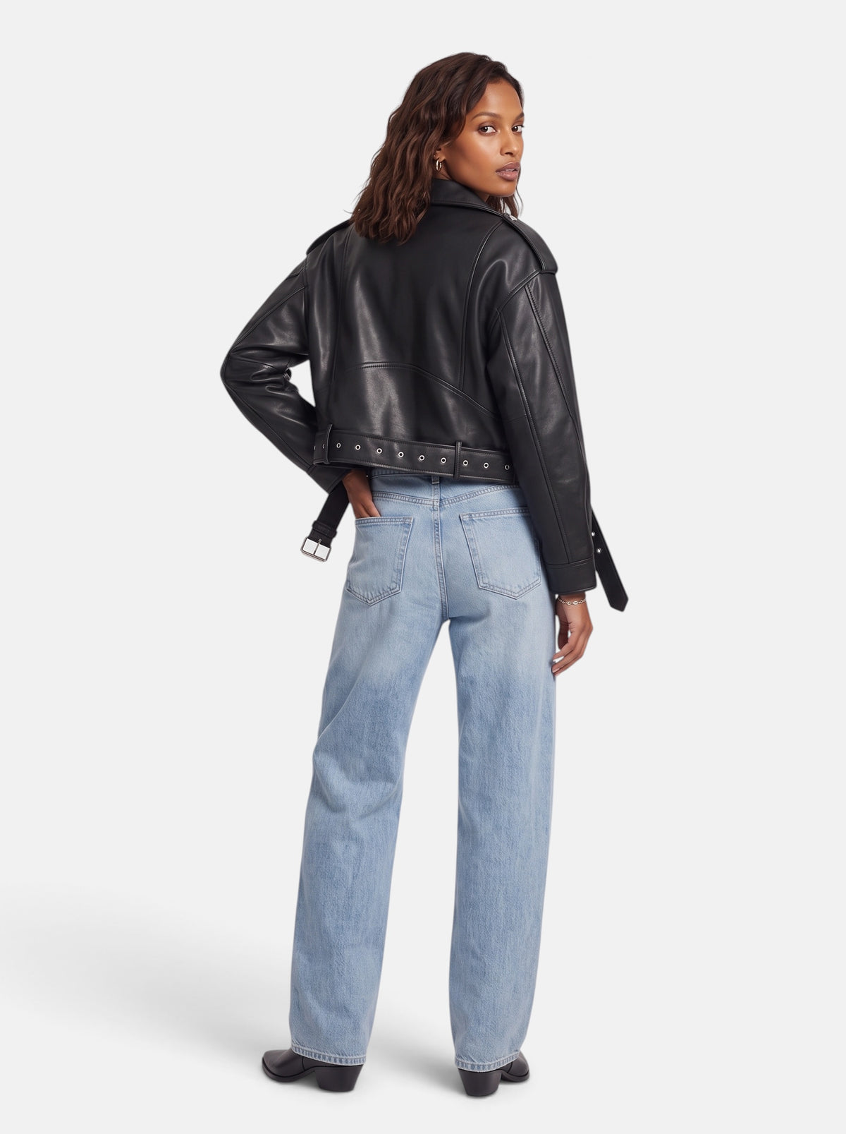 Women's Black Cropped Faux Leather Moto Biker Jacket - Back