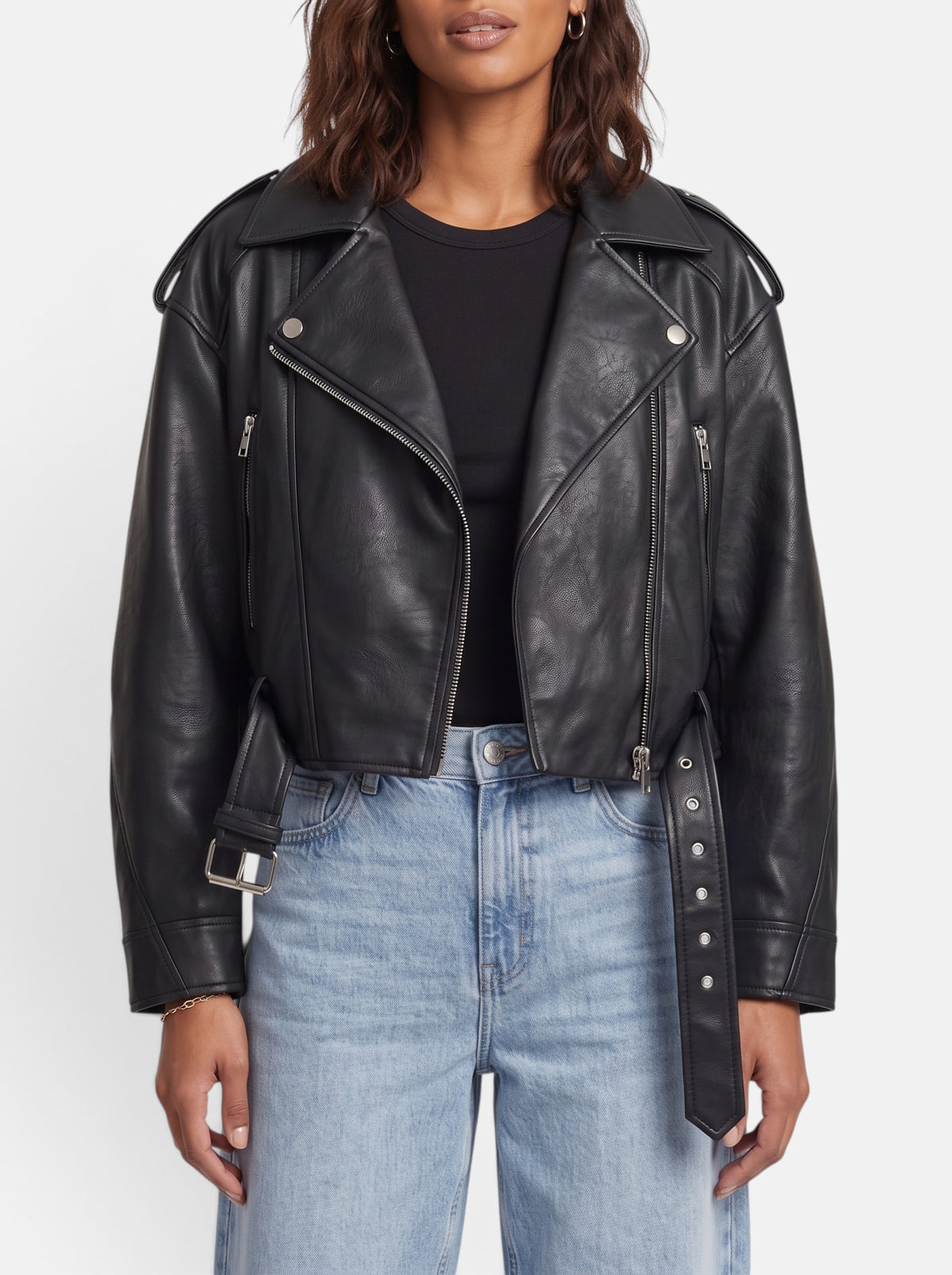 Women's Black Cropped Faux Leather Moto Biker Jacket - Detail