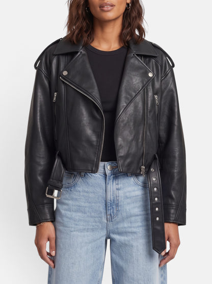 Women's Black Cropped Faux Leather Moto Biker Jacket - Detail