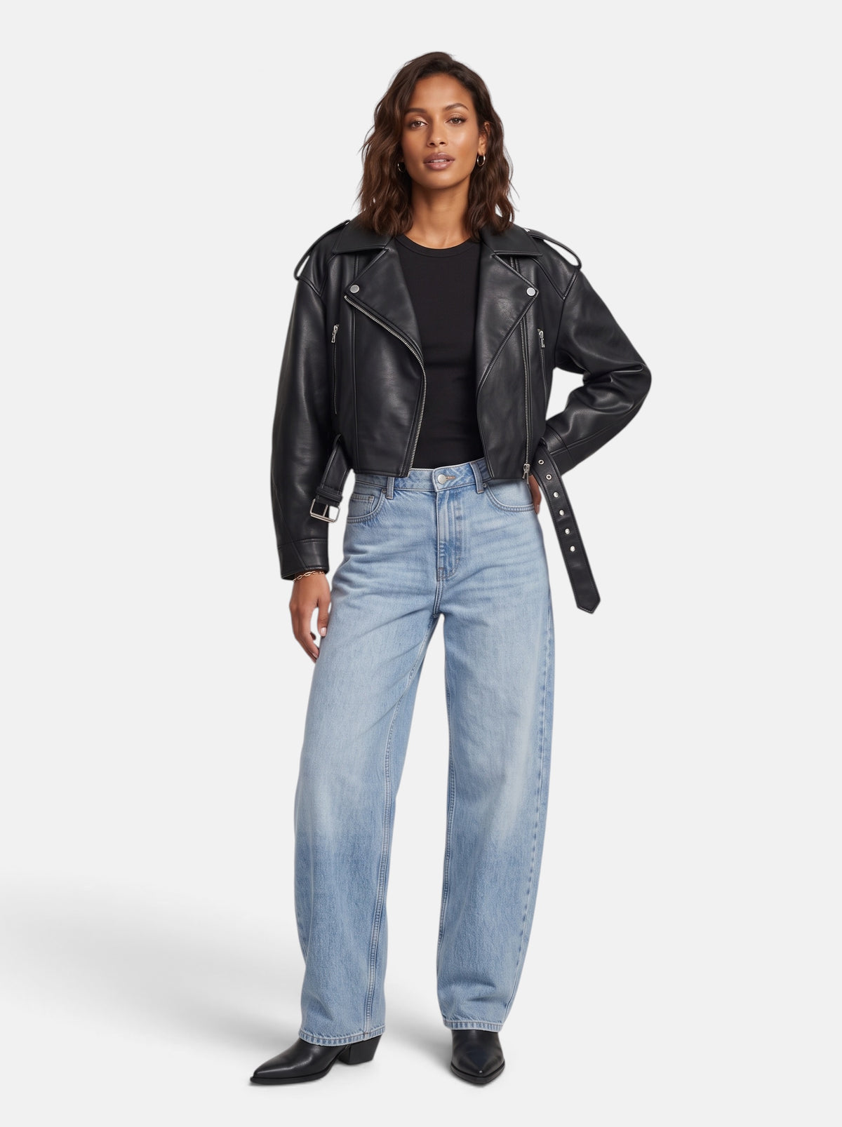 Women's Black Cropped Faux Leather Moto Biker Jacket - Full Body