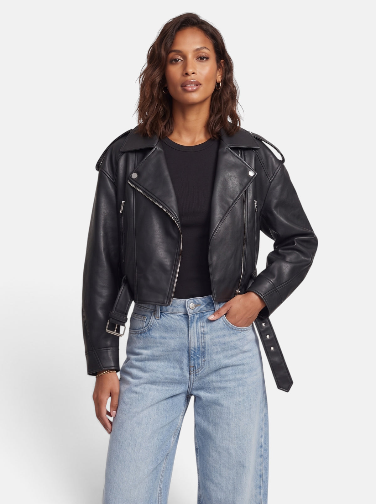 Women's Black Cropped Faux Leather Moto Biker Jacket - Front