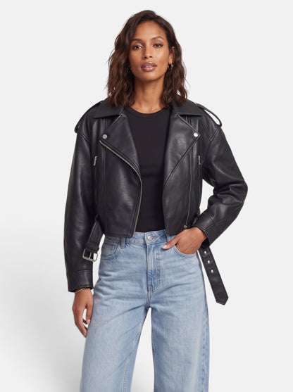 Women's Black Cropped Faux Leather Moto Biker Jacket - Front