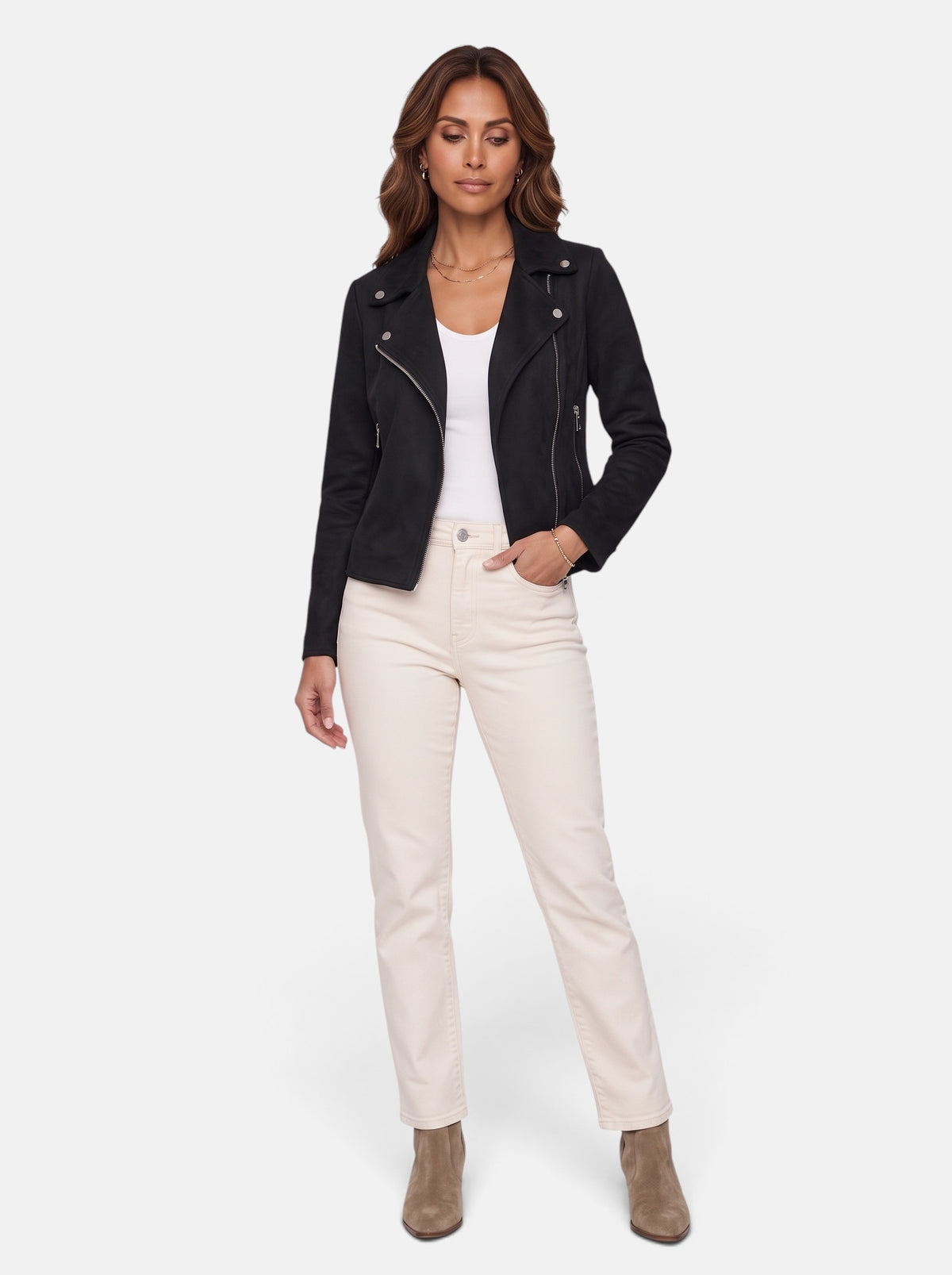 Women's Polished Cropped Zip-Up Slim Fit Jacket in Black - Full Body