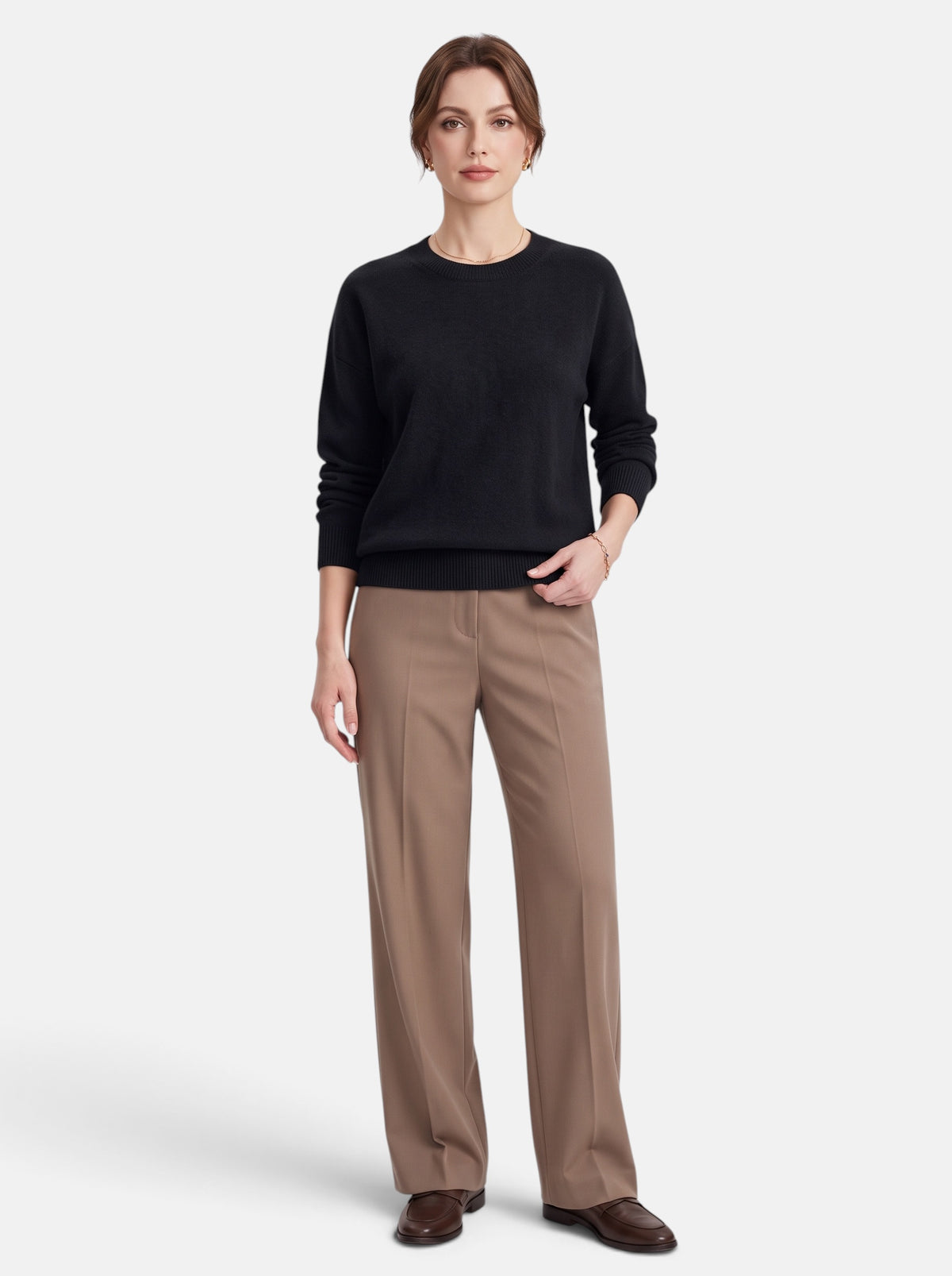 Women's Classic O-Neck Knit Pullover Sweater in Black - Full Length View