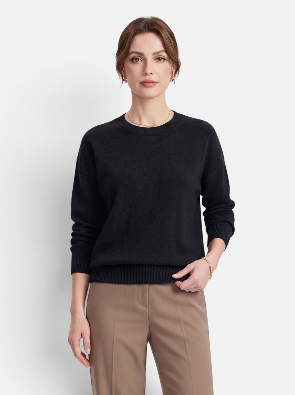 Women's Classic O-Neck Knit Pullover Sweater in Black - Front View