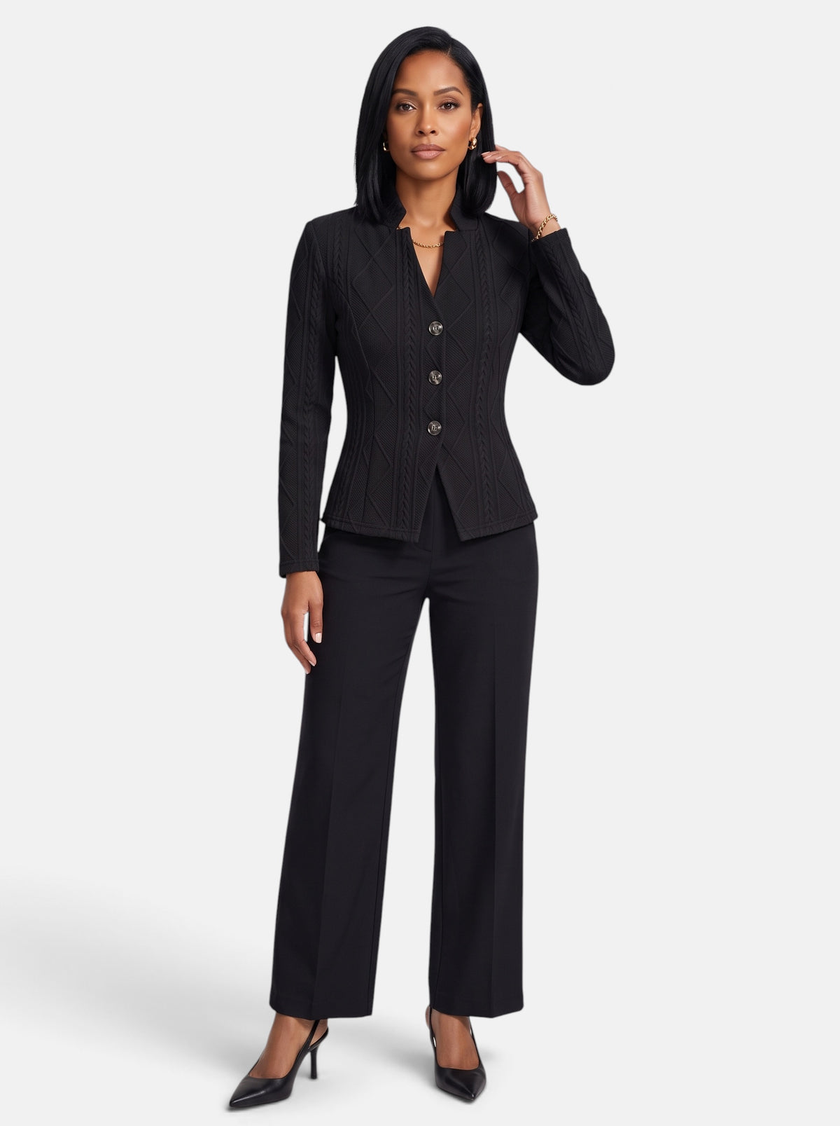 Women's Black Polished Slim Fit Button-Up Stand Collar Blazer - Full Body