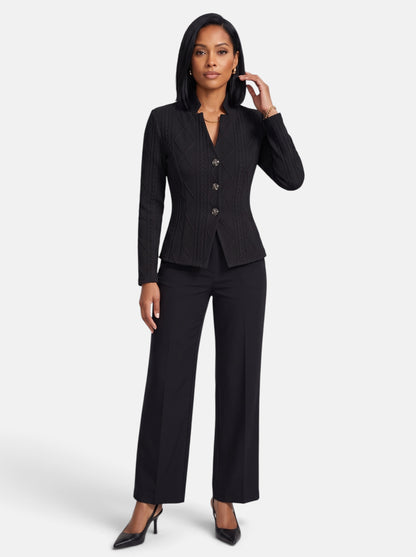 Women's Black Polished Slim Fit Button-Up Stand Collar Blazer - Full Body