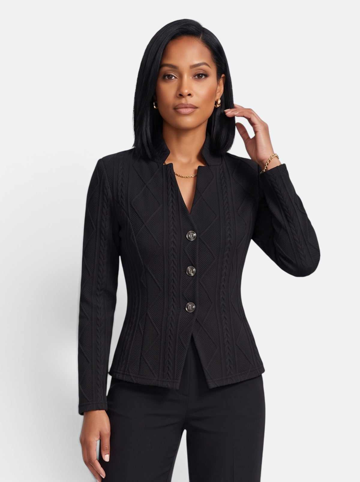 Women's Black Polished Slim Fit Button-Up Stand Collar Blazer - Front