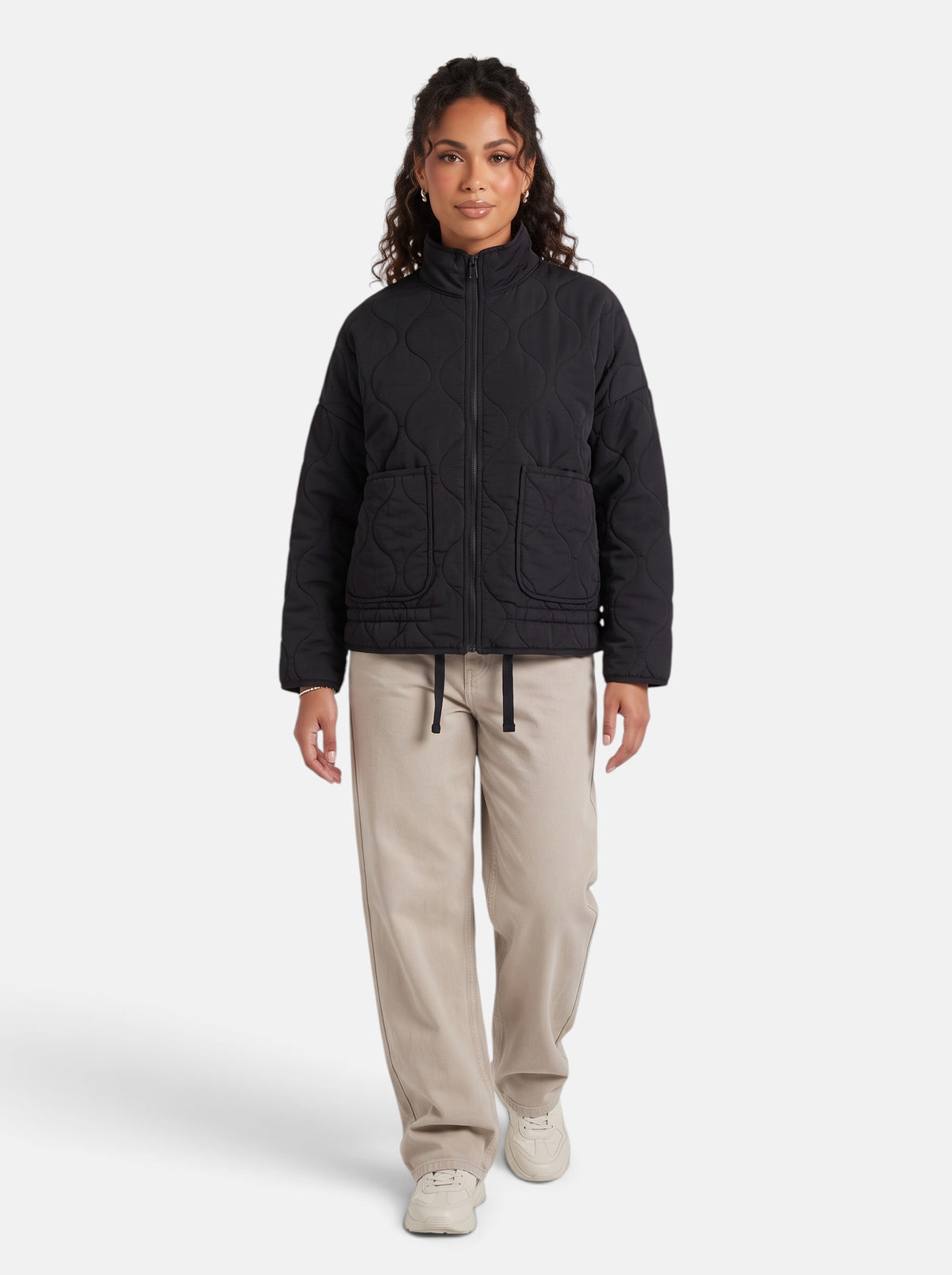 Women's Diamond-Quilted Padded Coat in Black - Full Length View