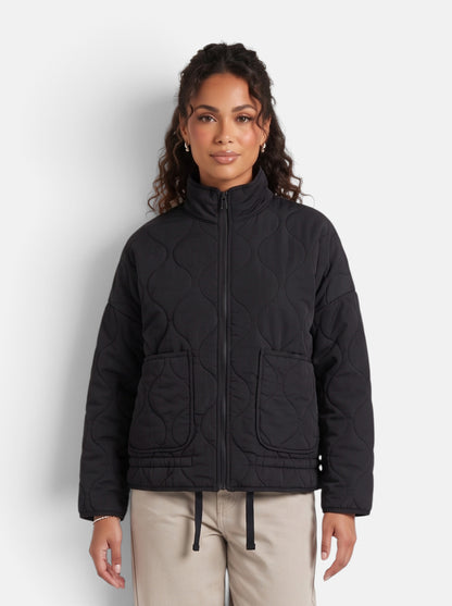 Women's Diamond-Quilted Padded Coat in Black - Front View