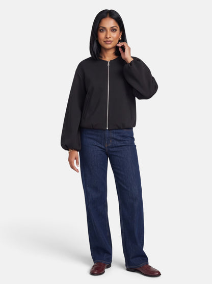 Women's Black Soft Cropped Round Neck Bomber Jacket - Full Body