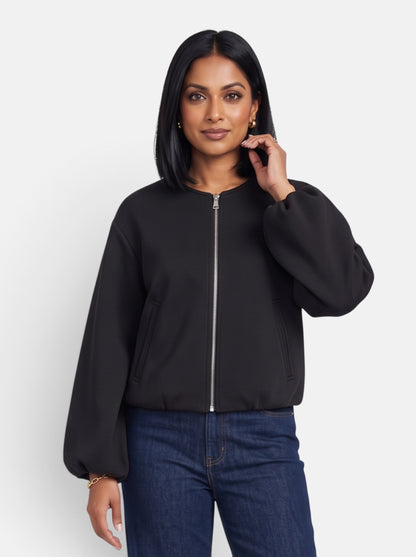 Women's Black Soft Cropped Round Neck Bomber Jacket - Front
