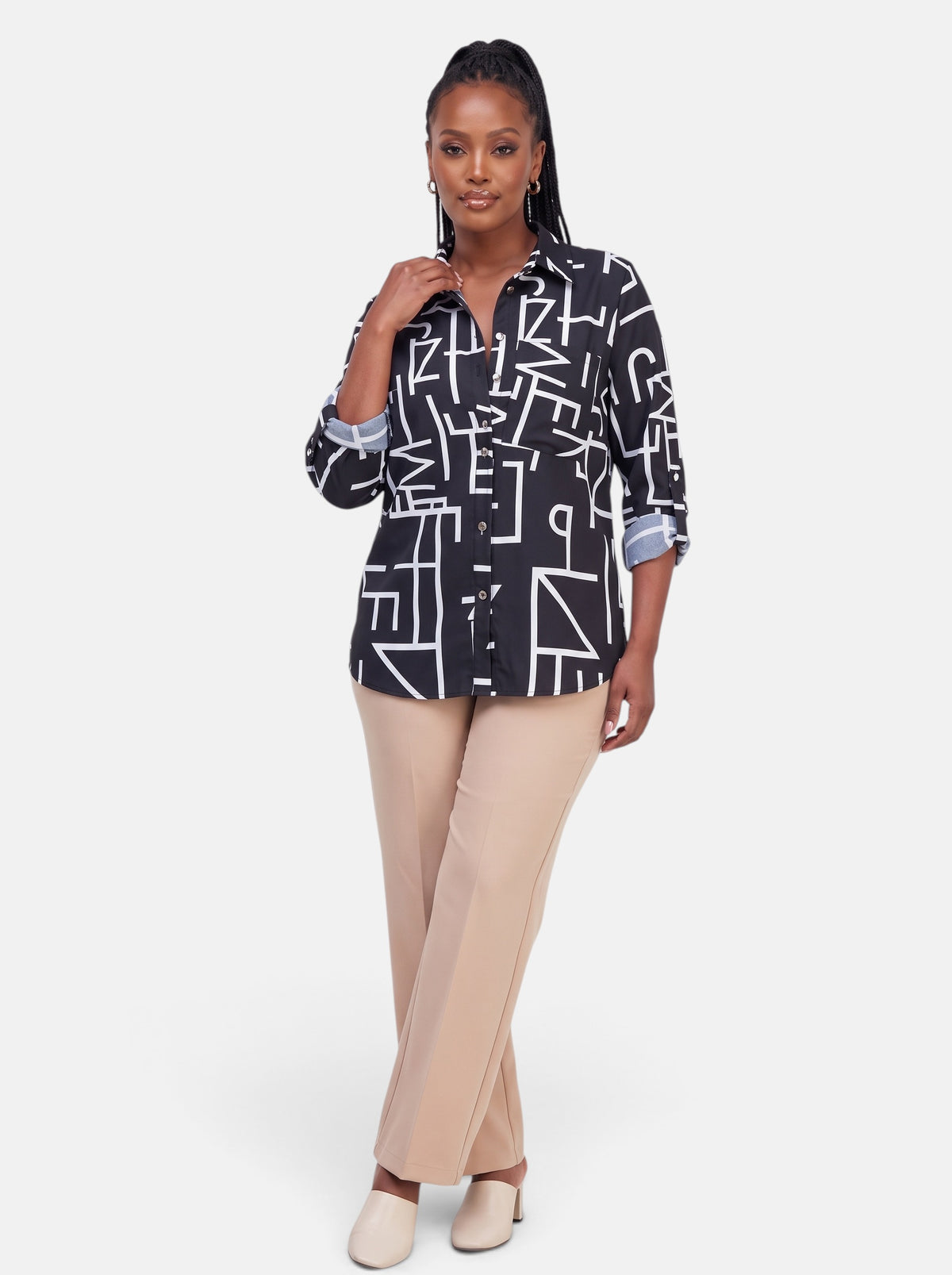 Women's Striped Long Sleeve Slim Fit Office Blouse in Black - Full Body
