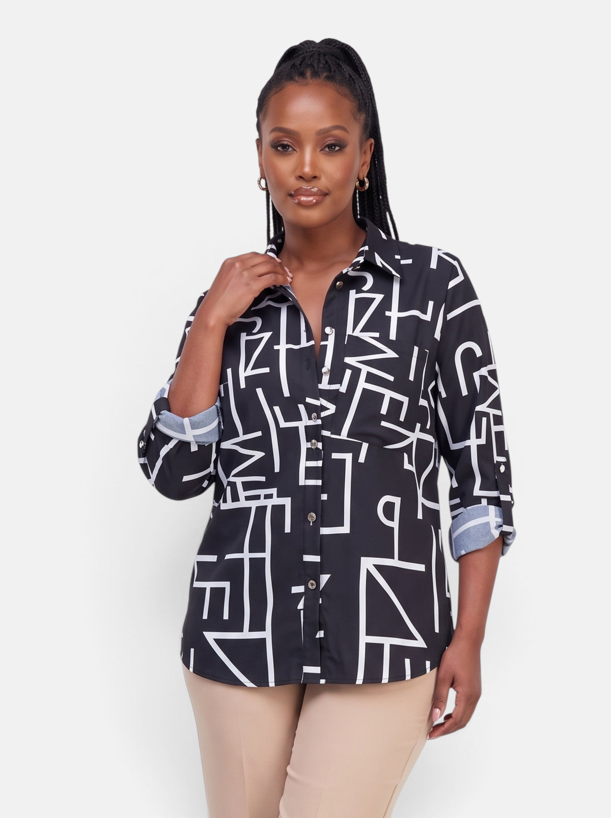 Women's Striped Long Sleeve Slim Fit Office Blouse in Black - Hero