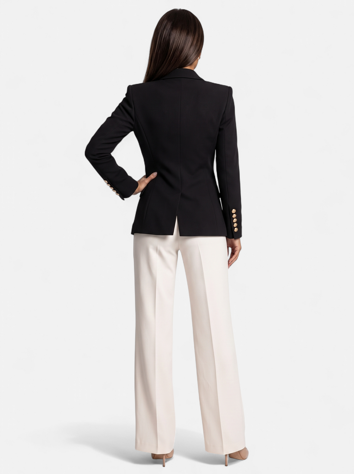 Womens Double-Breasted Gold-Tone Button Blazer - Black - Back