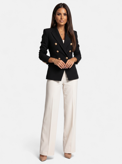 Womens Double-Breasted Gold-Tone Button Blazer - Black - Full Body