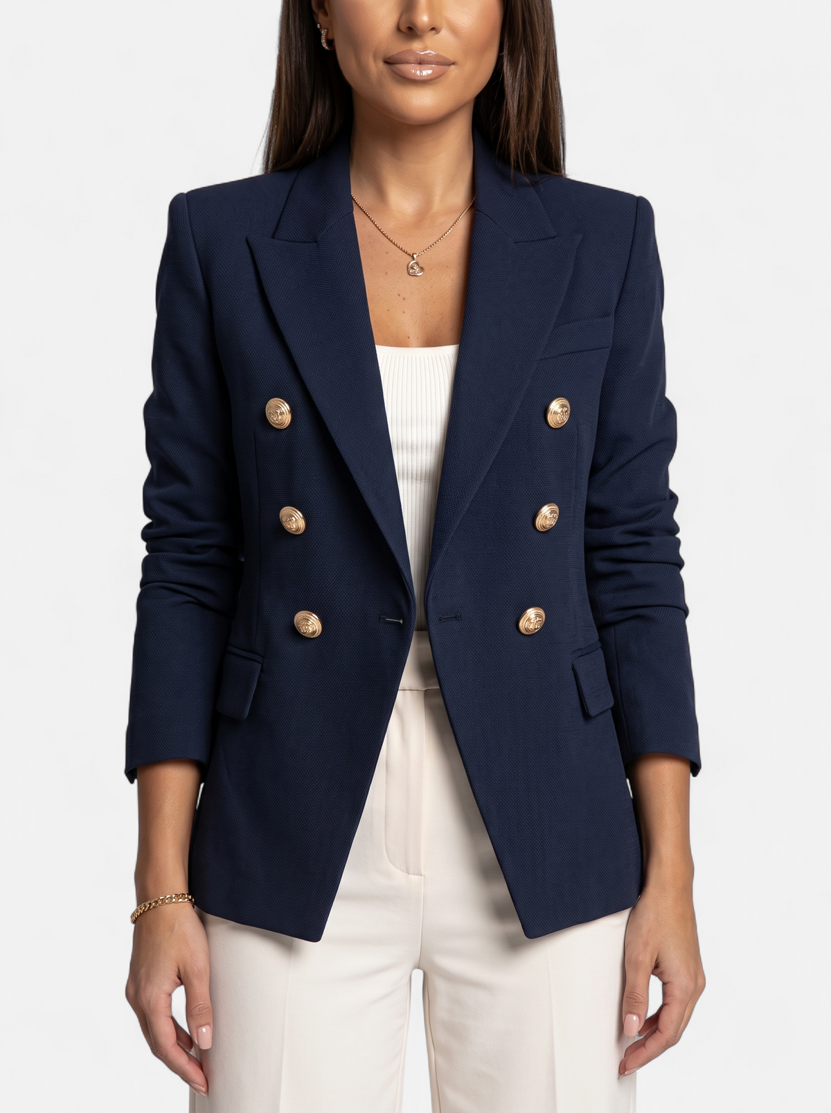 Womens Double-Breasted Gold-Tone Button Blazer - Detail