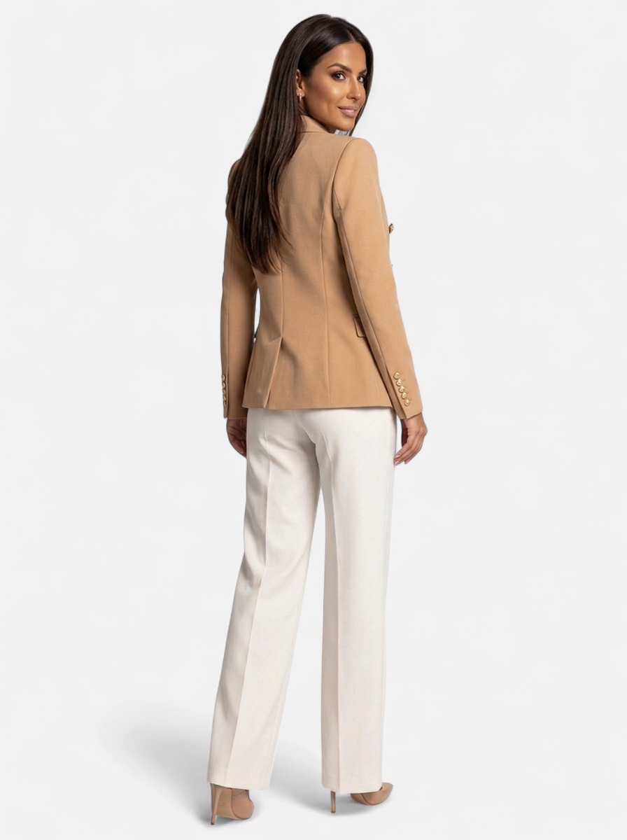 Womens Double-Breasted Gold-Tone Button Blazer - Khaki - Back