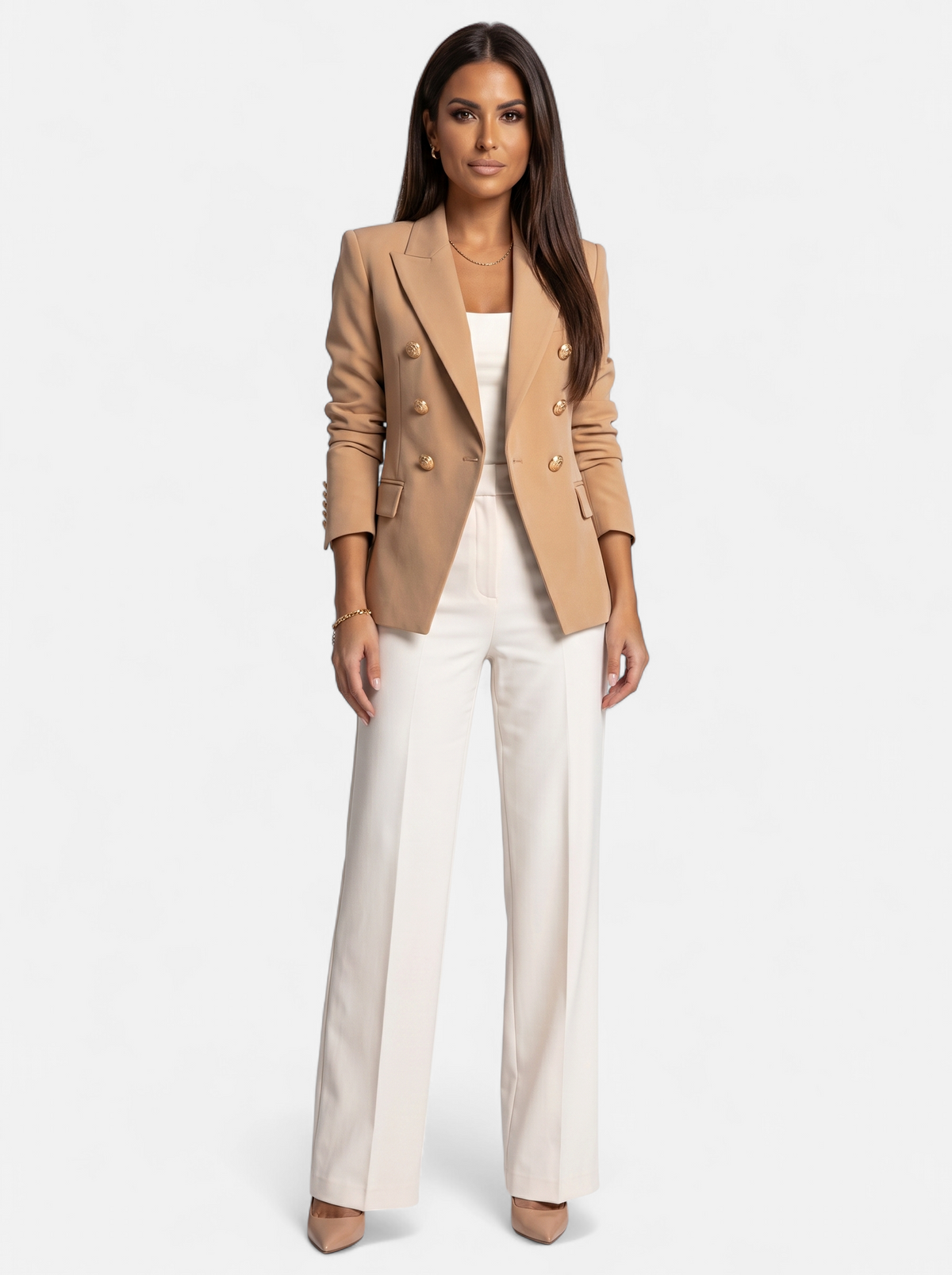 Womens Double-Breasted Gold-Tone Button Blazer - Khaki - Full Body