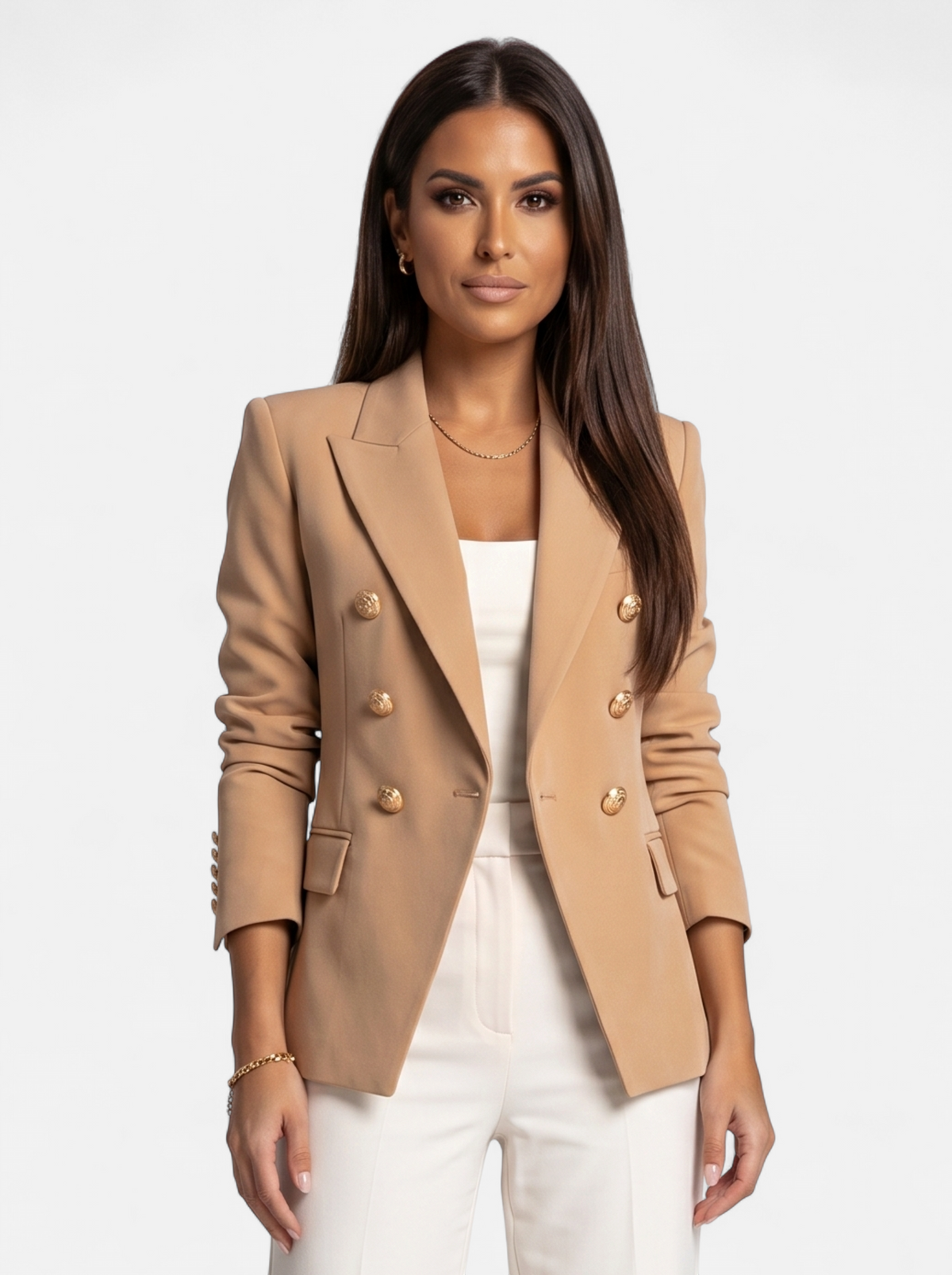 Womens Double-Breasted Gold-Tone Button Blazer - Khaki - Hero