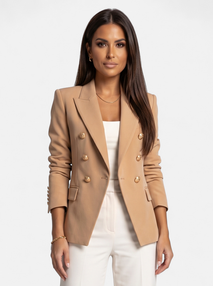 Womens Double-Breasted Gold-Tone Button Blazer - Khaki - Hero