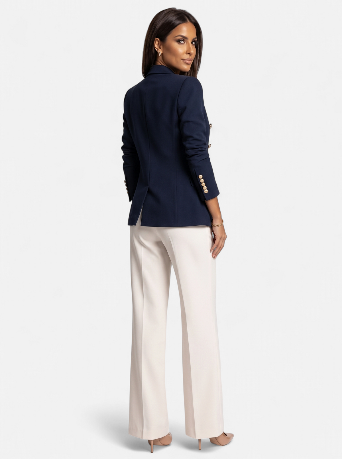 Womens Double-Breasted Gold-Tone Button Blazer - Navy - Back