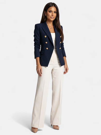 Womens Double-Breasted Gold-Tone Button Blazer - Navy - Full Body