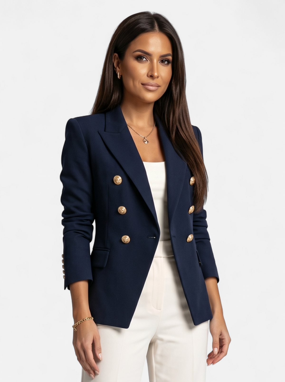 Womens Double-Breasted Gold-Tone Button Blazer - Navy - Hero