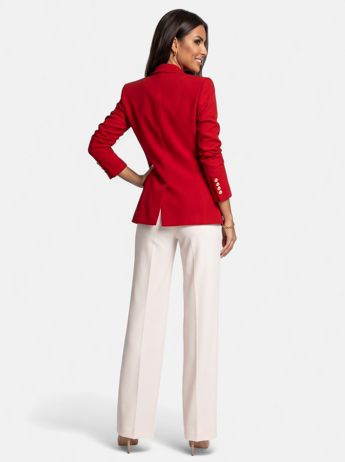Womens Double-Breasted Gold-Tone Button Blazer - Red - Back