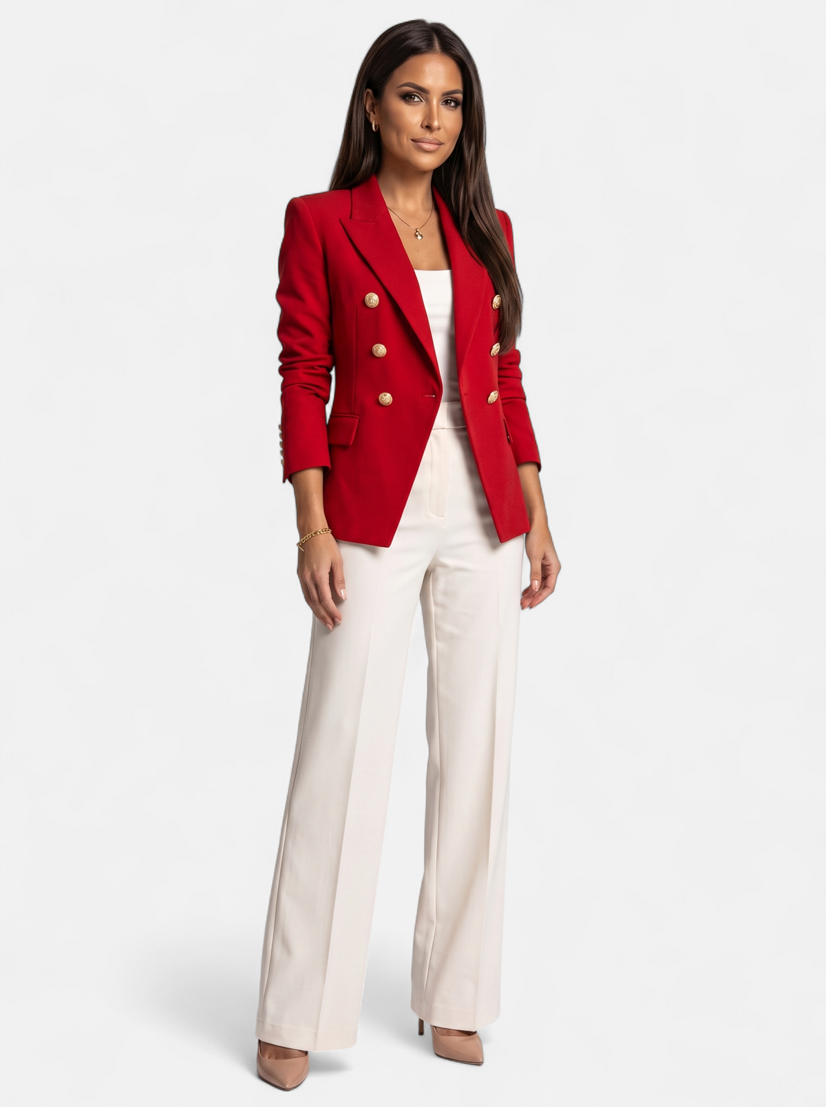 Womens Double-Breasted Gold-Tone Button Blazer - Red - Full Body