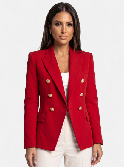 Womens Double-Breasted Gold-Tone Button Blazer - Red - Hero