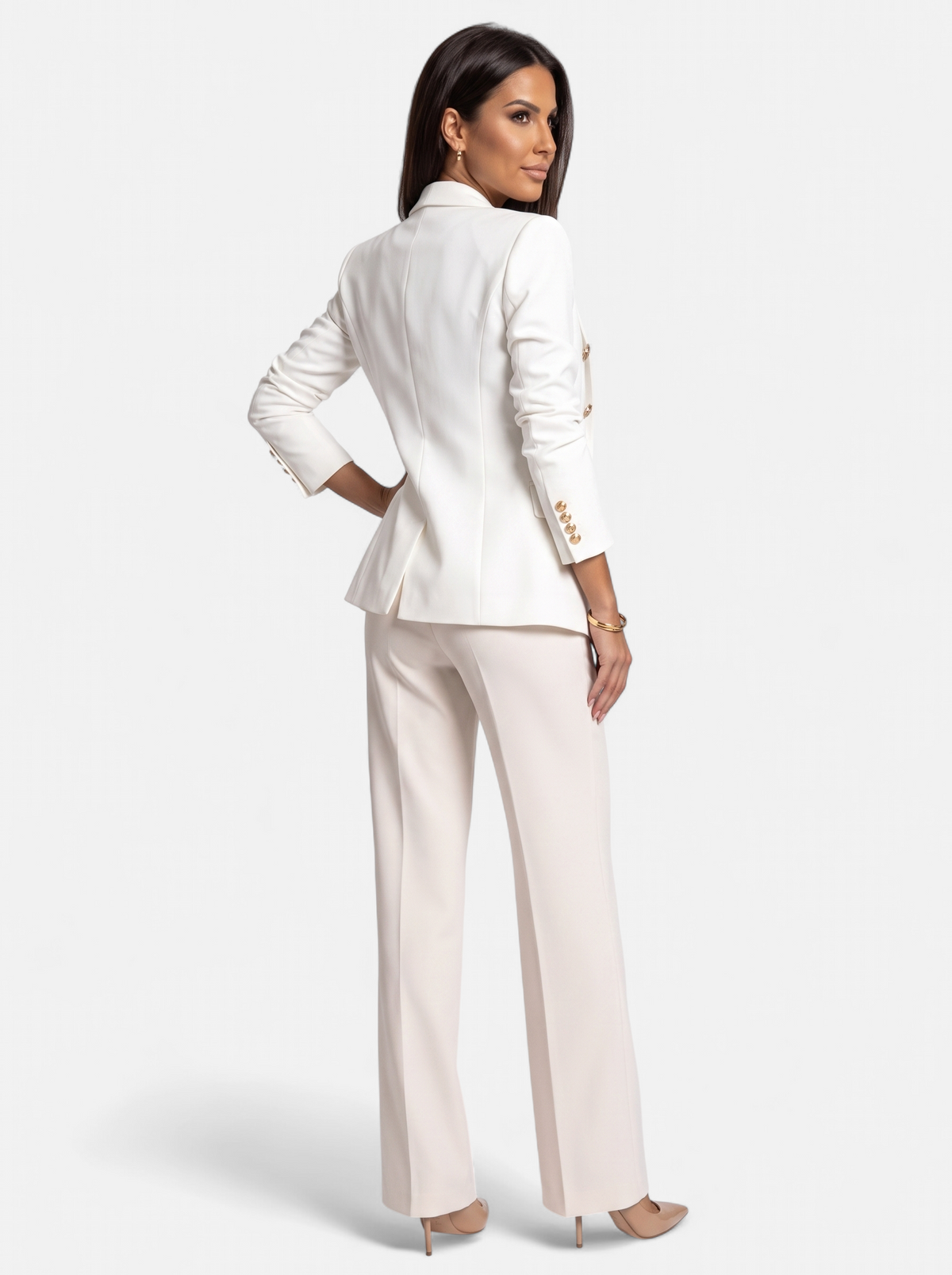 Womens Double-Breasted Gold-Tone Button Blazer - White - Back