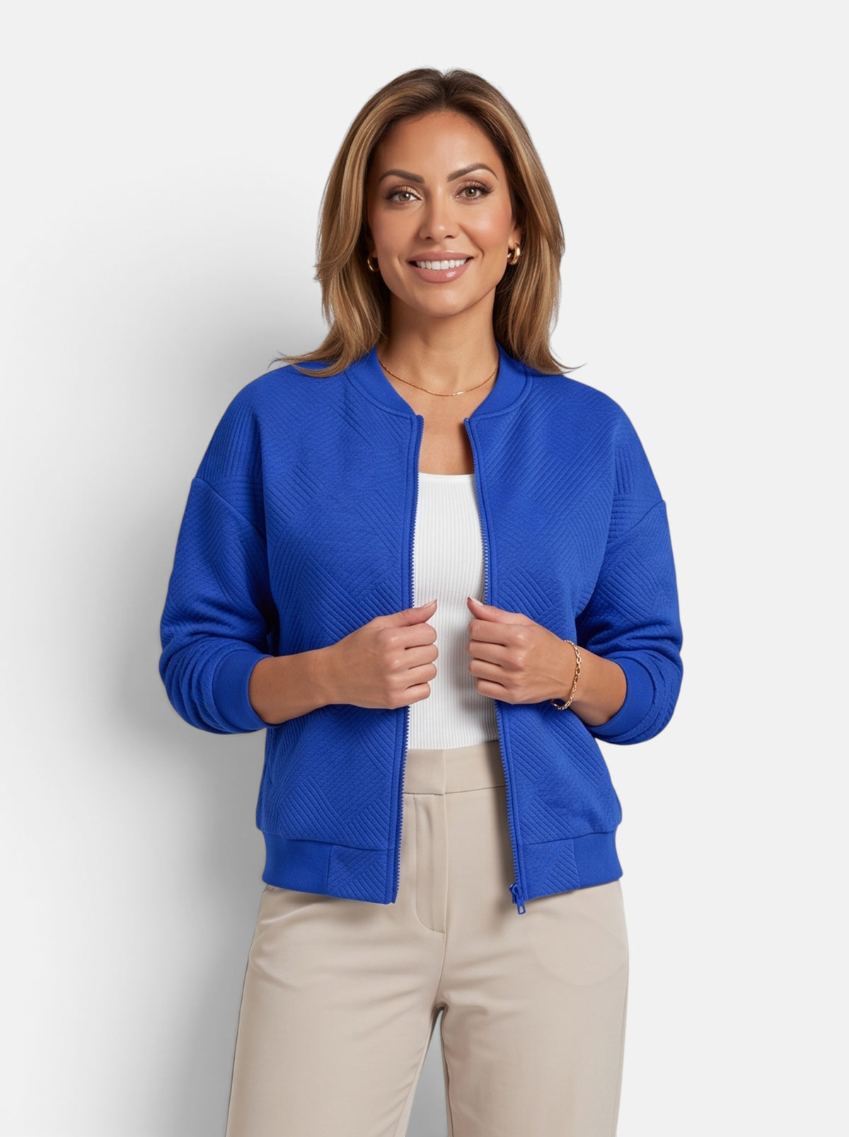 Women's Blue Cozy Zip-Up Knit Cardigan Jacket - Front