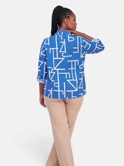 Women's Striped Long Sleeve Slim Fit Office Blouse in Blue - Back