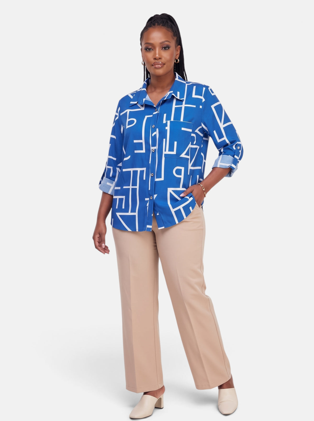Women's Striped Long Sleeve Slim Fit Office Blouse in Blue - Full Body