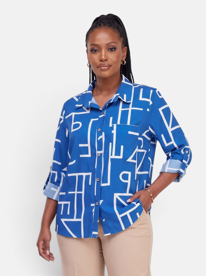 Women's Striped Long Sleeve Slim Fit Office Blouse in Blue - Hero