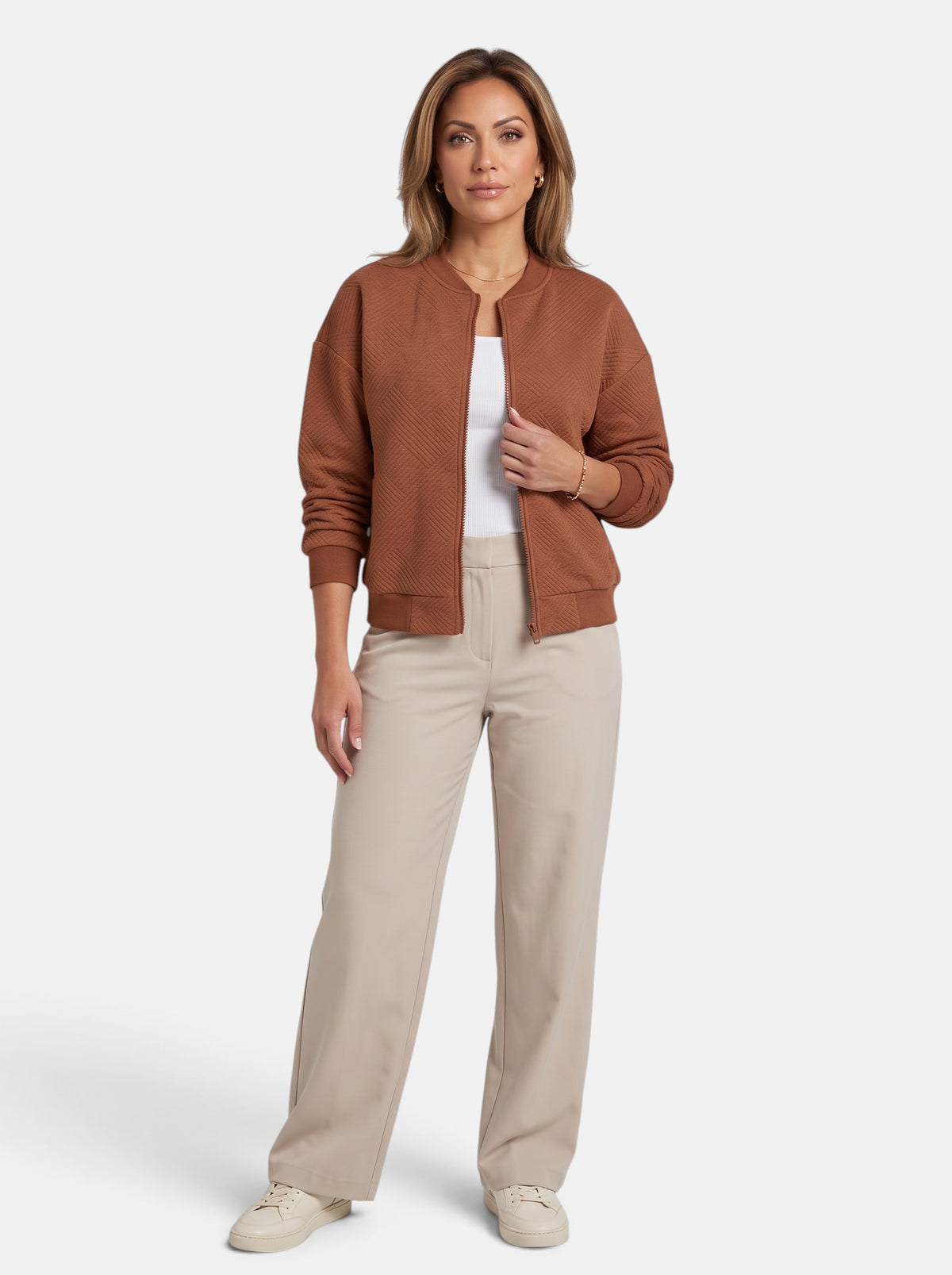 Women's Brown Cozy Zip-Up Knit Cardigan Jacket - Full Body