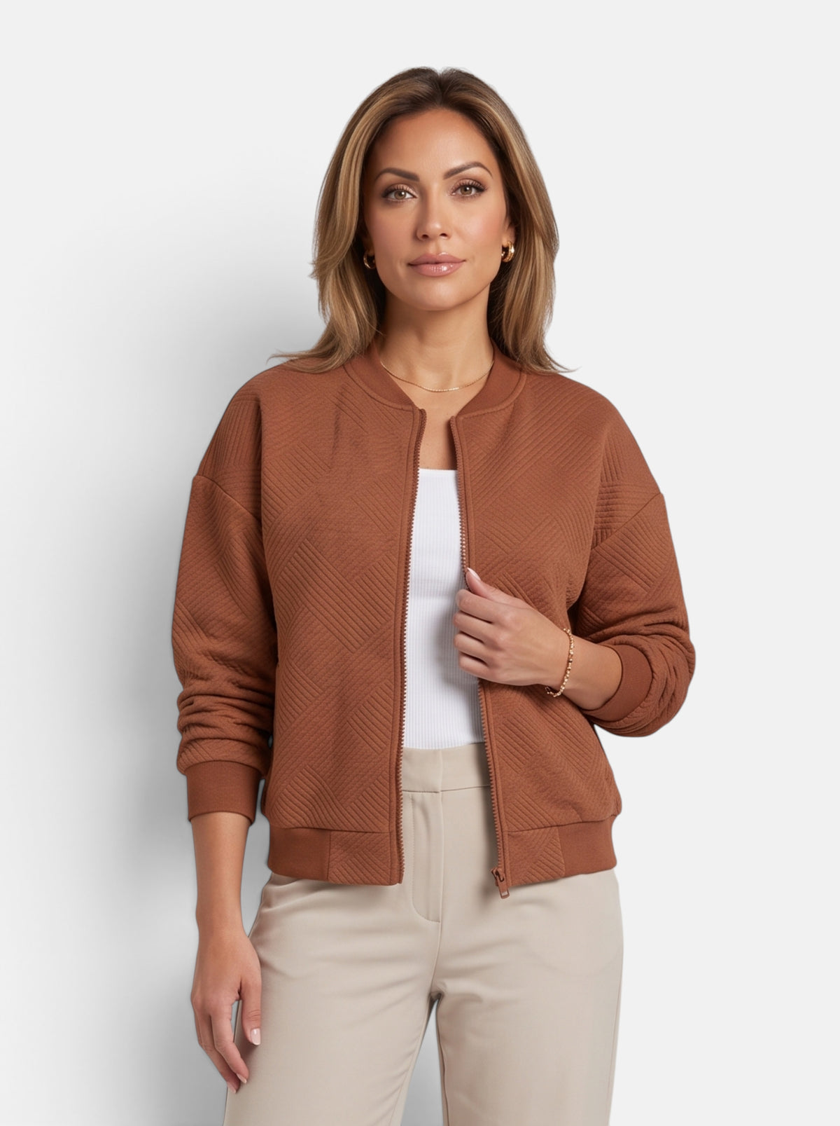 Women's Brown Cozy Zip-Up Knit Cardigan Jacket - Front