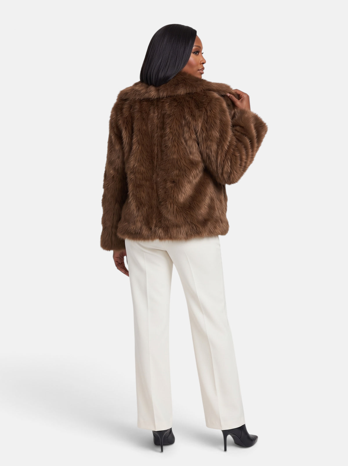 Women's Plush Cropped Faux Fur Party Coat in Brown - Back