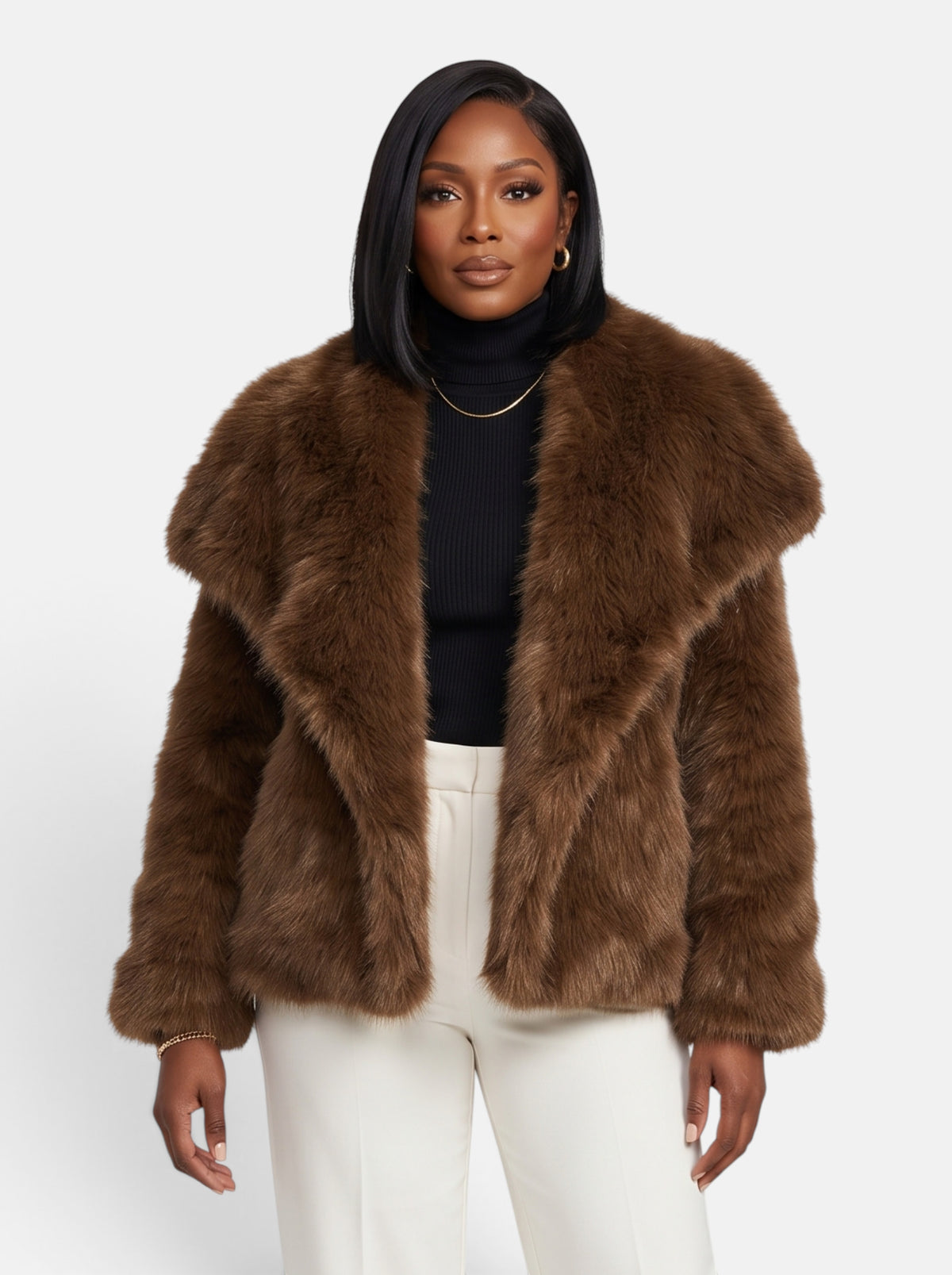 Women's Plush Cropped Faux Fur Party Coat in Brown - Front