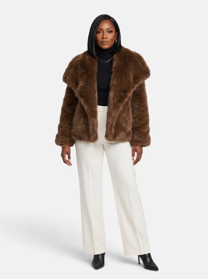 Women's Plush Cropped Faux Fur Party Coat in Brown - Full