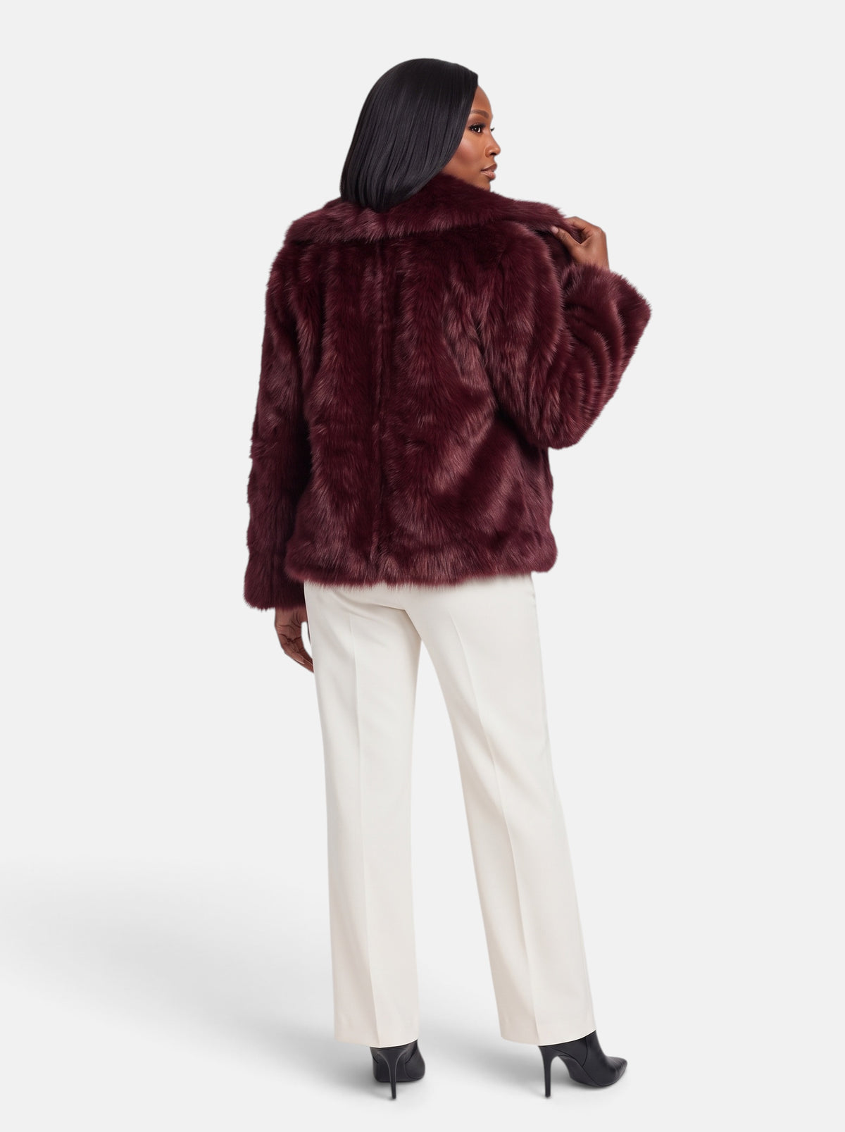 Women's Plush Cropped Faux Fur Party Coat in Burgundy - Back