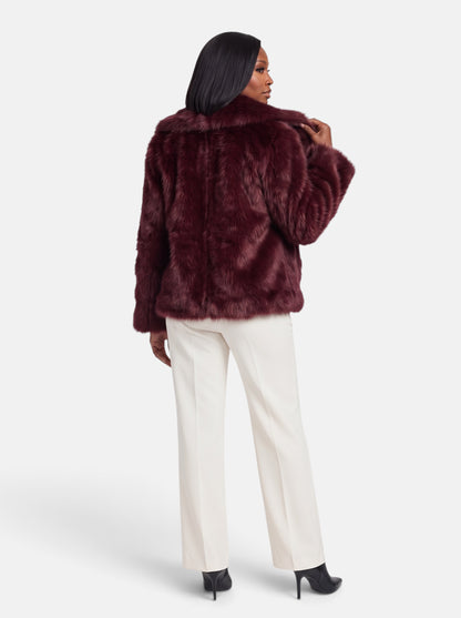 Women's Plush Cropped Faux Fur Party Coat in Burgundy - Back